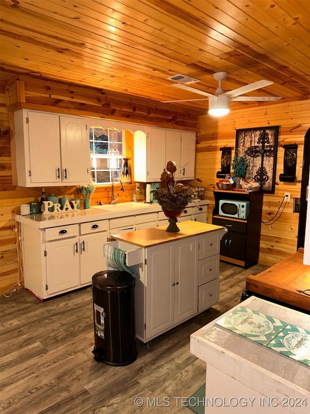 kitchen with white cabinets, ceiling fan, a center island, and sink