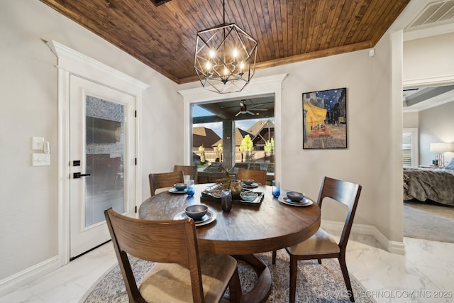 dining space featuring ornamental molding, wood ceiling, and plenty of natural light