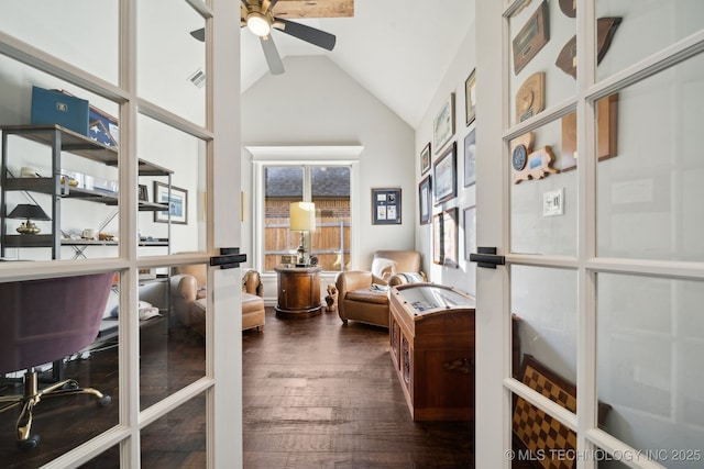 office area featuring ceiling fan, french doors, lofted ceiling, and dark hardwood / wood-style floors