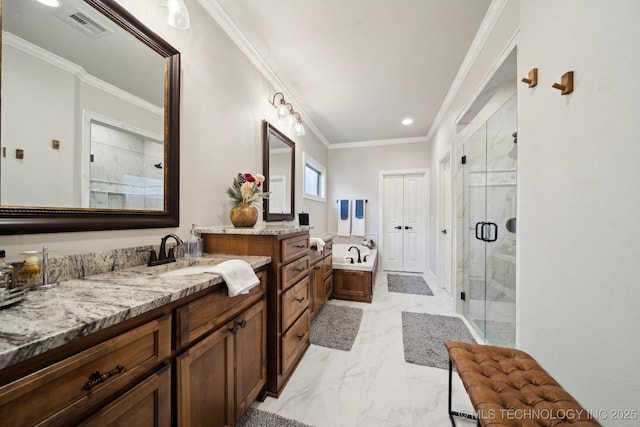 bathroom with crown molding, plus walk in shower, and vanity