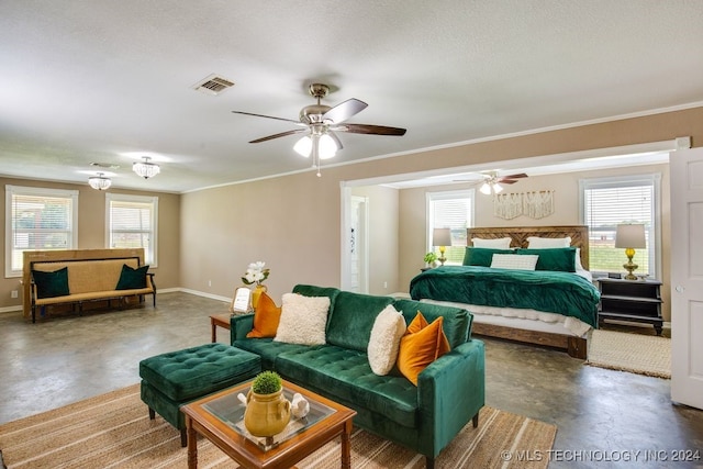 bedroom with ceiling fan, concrete flooring, and multiple windows