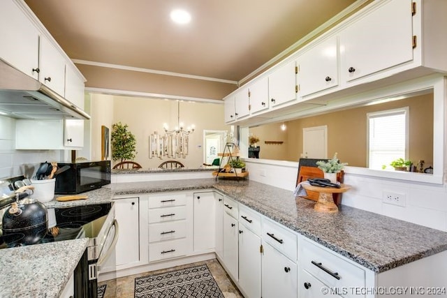 kitchen featuring kitchen peninsula, electric range, white cabinetry, and light stone countertops