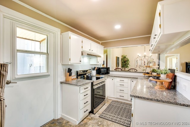 kitchen featuring electric range, light stone countertops, kitchen peninsula, crown molding, and white cabinets