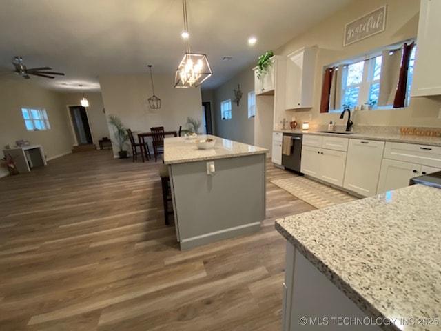 kitchen featuring pendant lighting, a center island, white cabinets, and stainless steel dishwasher