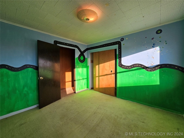 recreation room with carpet and crown molding