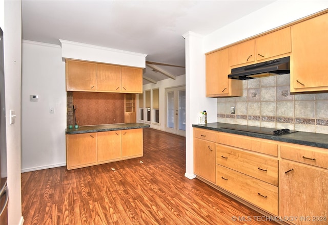 kitchen with crown molding, black stovetop, dark hardwood / wood-style floors, tasteful backsplash, and beam ceiling