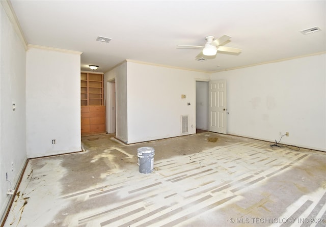 unfurnished room with crown molding and ceiling fan