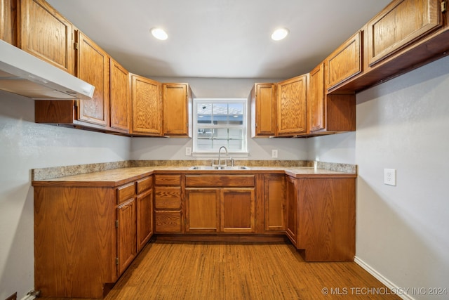 kitchen featuring exhaust hood, sink, and light hardwood / wood-style floors