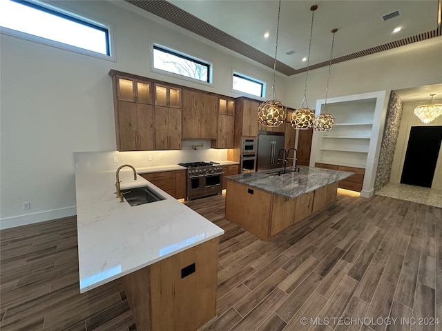 kitchen with sink, hanging light fixtures, premium appliances, a towering ceiling, and a center island with sink