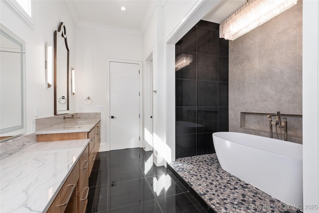 full bathroom featuring vanity, ornamental molding, tiled shower, tile patterned floors, and tile walls