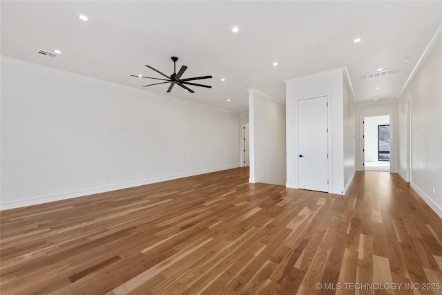 unfurnished living room with visible vents, ornamental molding, recessed lighting, light wood-style floors, and ceiling fan