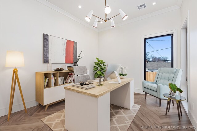 office space with visible vents, ornamental molding, recessed lighting, baseboards, and a chandelier