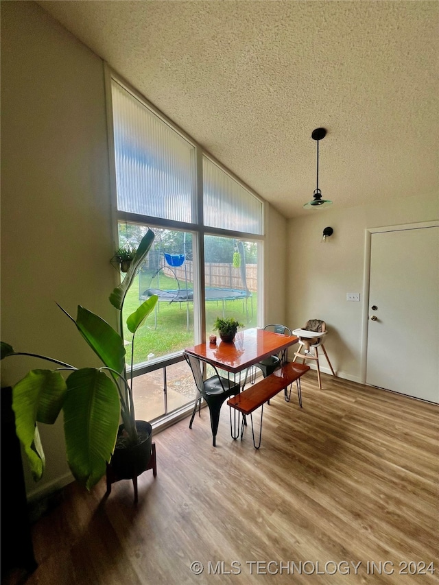 dining room with hardwood / wood-style floors, a textured ceiling, and expansive windows