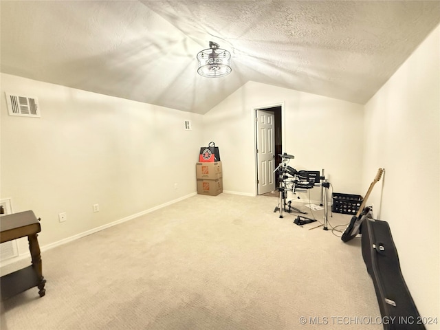 workout area featuring a textured ceiling, light colored carpet, and lofted ceiling