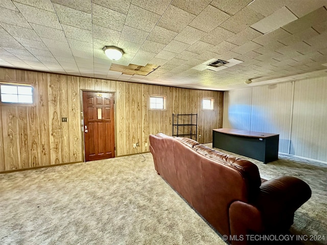 carpeted living room featuring wood walls