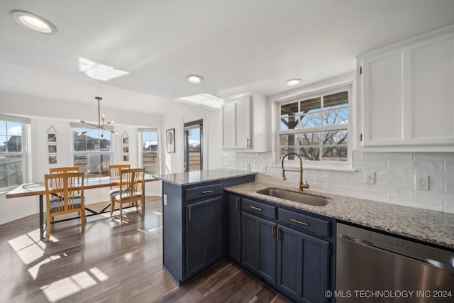 kitchen featuring sink, a healthy amount of sunlight, stainless steel dishwasher, dark hardwood / wood-style floors, and white cabinets