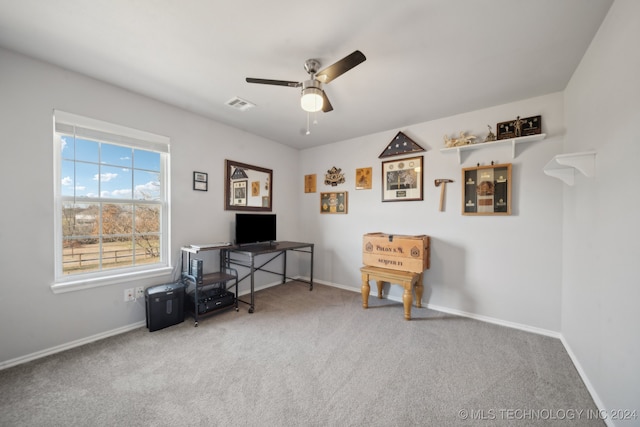 office area featuring ceiling fan and carpet