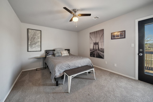 bedroom with ceiling fan, carpet floors, and access to outside