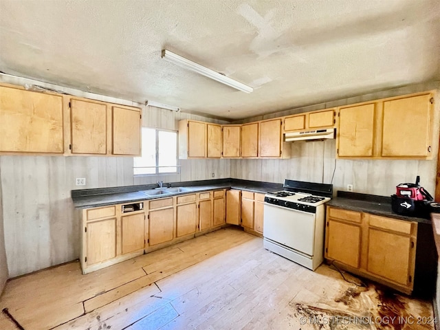 kitchen featuring white gas range, sink, a textured ceiling, light brown cabinetry, and light wood-type flooring