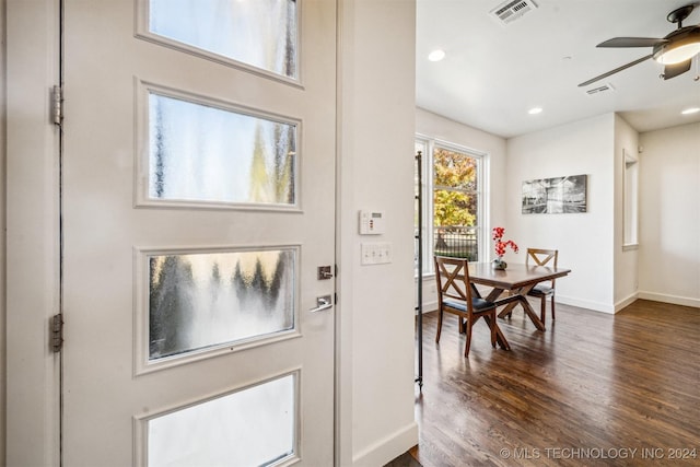 foyer entrance featuring ceiling fan and dark hardwood / wood-style flooring