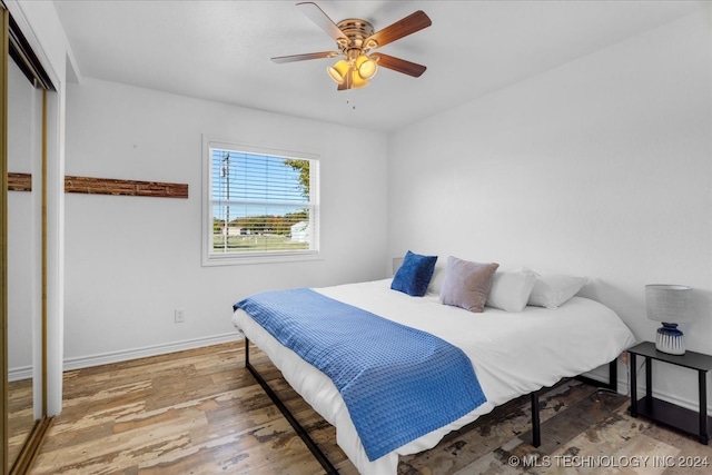 bedroom featuring hardwood / wood-style flooring, ceiling fan, and a closet