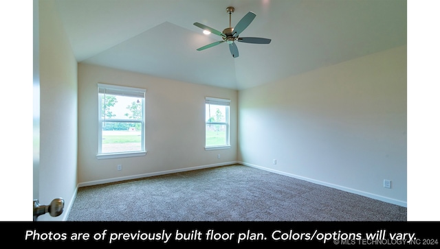 empty room featuring ceiling fan, carpet floors, and vaulted ceiling