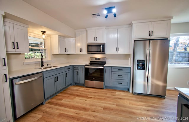 kitchen with white cabinetry, sink, light hardwood / wood-style floors, and appliances with stainless steel finishes