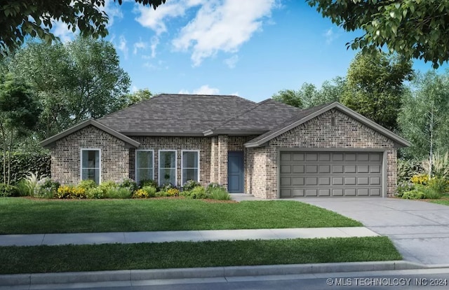 ranch-style home with a garage and a front lawn