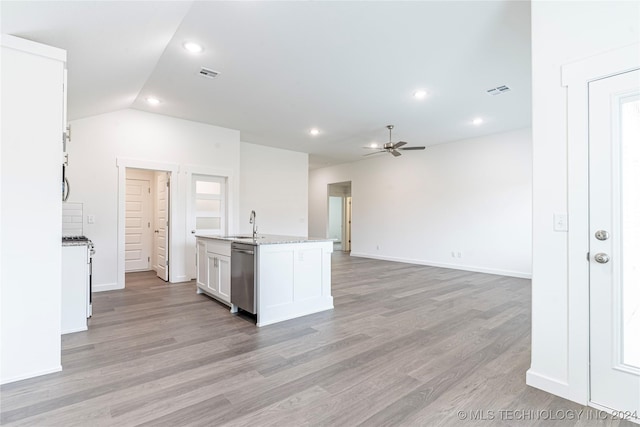 kitchen with white cabinetry, dishwasher, ceiling fan, a kitchen island with sink, and light wood-type flooring