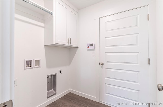 laundry area with electric dryer hookup, cabinets, dark hardwood / wood-style flooring, and washer hookup