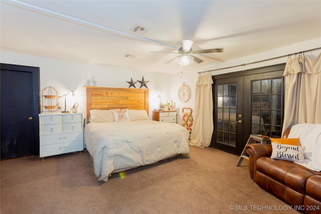 bedroom featuring carpet flooring, french doors, and ceiling fan