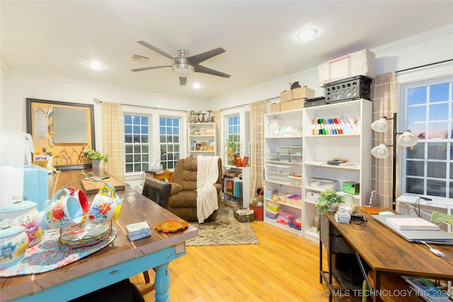 interior space with light hardwood / wood-style flooring, ceiling fan, and crown molding