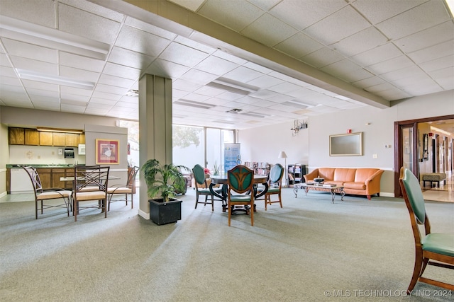 interior space with a drop ceiling and carpet floors