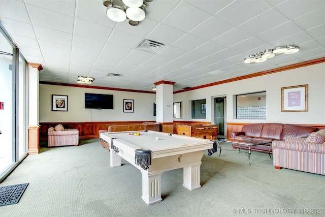 recreation room featuring light colored carpet, ornamental molding, and pool table