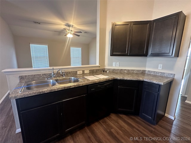 kitchen with kitchen peninsula, ceiling fan, sink, black dishwasher, and dark hardwood / wood-style floors