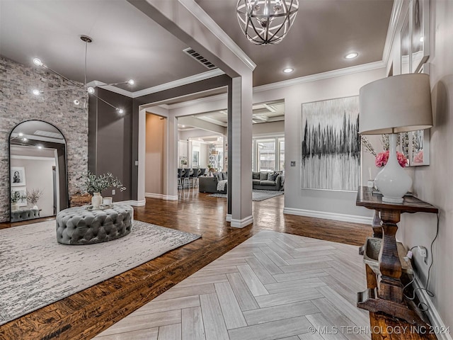 10673 S 93rd E Ave, Tulsa, OK 74133 - foyer entrance featuring baseboards, crown molding, a chandelier, and parquet flooring