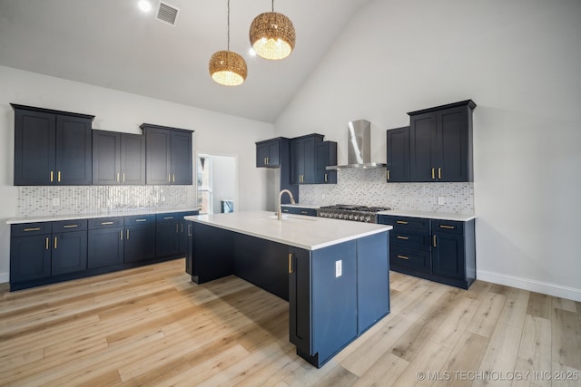 kitchen with light wood finished floors, visible vents, a kitchen island with sink, wall chimney range hood, and a sink