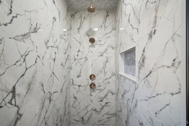 interior details featuring a marble finish shower