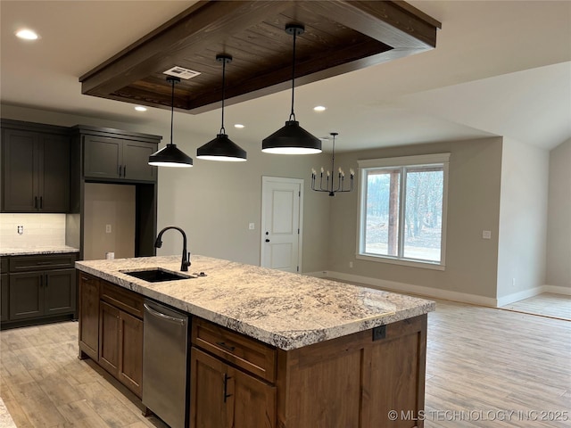 kitchen featuring sink, light stone counters, decorative backsplash, an island with sink, and decorative light fixtures