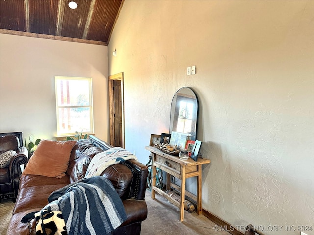 living room featuring wooden ceiling, carpet flooring, a textured wall, and baseboards