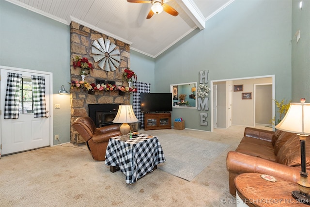 living room featuring carpet flooring, high vaulted ceiling, ceiling fan, and crown molding