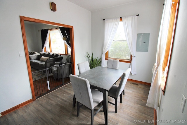 dining area with hardwood / wood-style flooring and electric panel