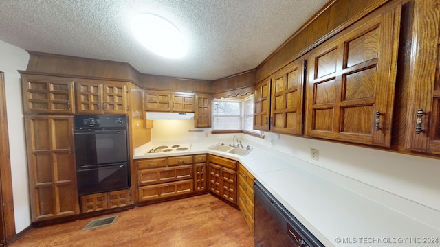 kitchen featuring black appliances, light hardwood / wood-style floors, sink, and a textured ceiling