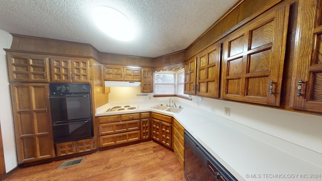 kitchen featuring light hardwood / wood-style flooring, black appliances, a textured ceiling, and sink