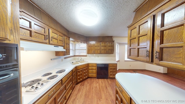 kitchen featuring light hardwood / wood-style flooring, black appliances, a textured ceiling, and sink