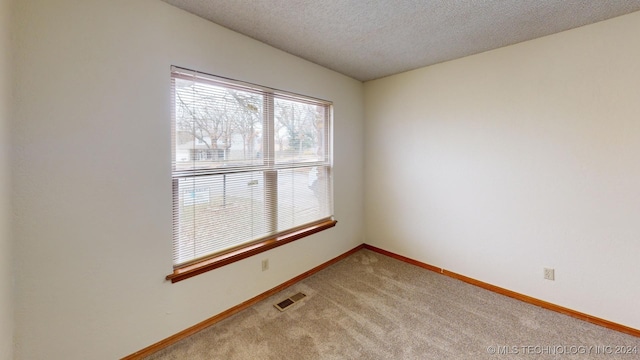 carpeted empty room with a textured ceiling