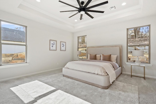 bedroom featuring a raised ceiling, light colored carpet, and ceiling fan