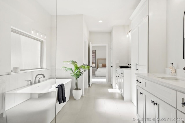 bathroom with vanity and a washtub