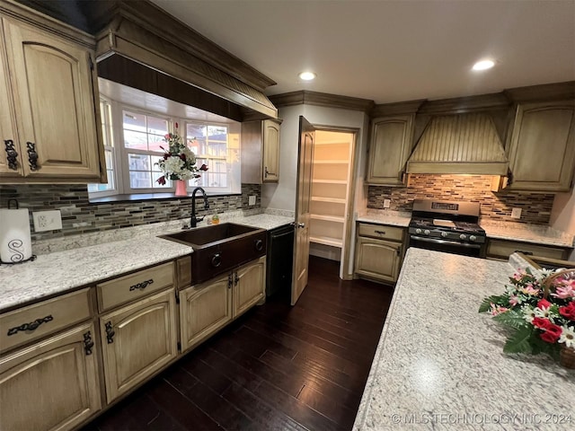 kitchen with decorative backsplash, dark hardwood / wood-style flooring, custom exhaust hood, dishwasher, and stainless steel gas stove