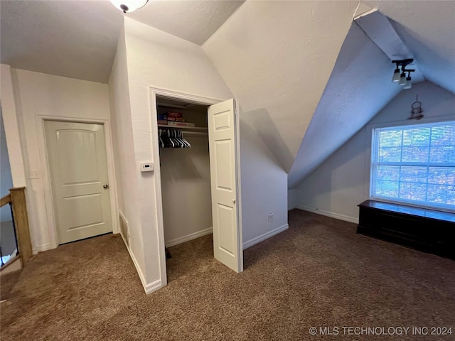 additional living space with lofted ceiling and dark colored carpet